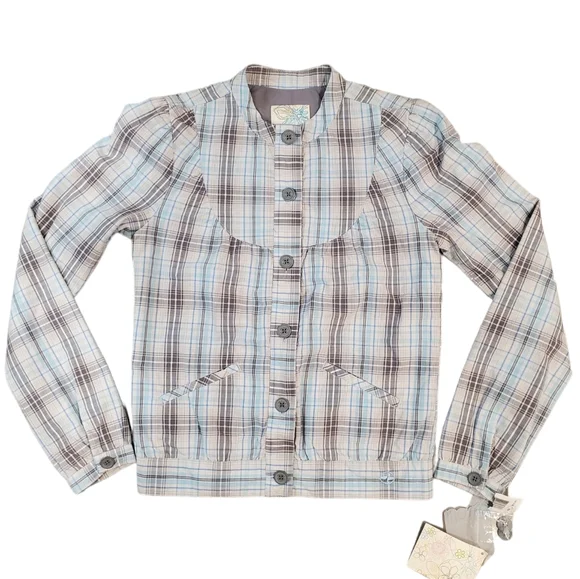 Split Women Blue Plaid Print Button Bomber Jacket Size XS - Picture 8 of 12